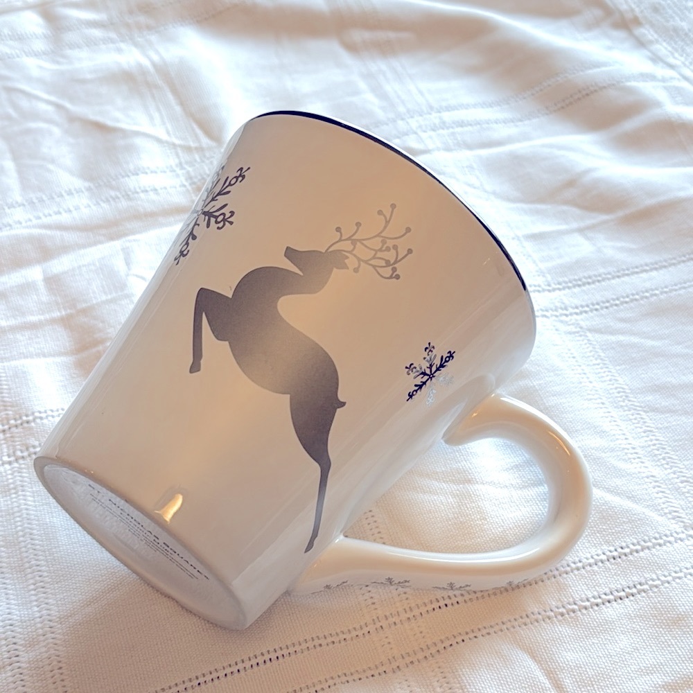 Silver Deer Mug Believe Mug silver rimmed snowflakes white holiday Christmas mug